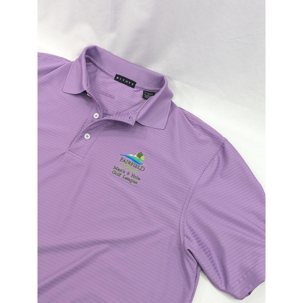 Divots Shirt‎ Mens Large Purple Striped Golf Polo Fairfield Glade Nine Hole Golf